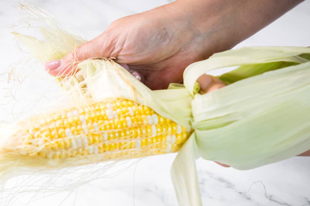 The husk being pulled from an ear of corn