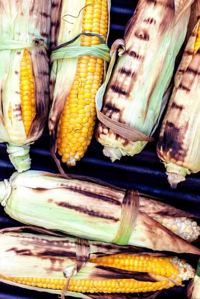 corn on the grill with the husks tied with a strip of husk