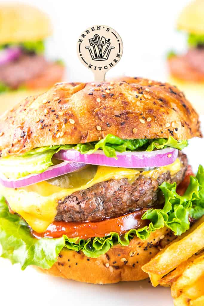 a hamburger made with The Best Hamburger Recipe piled high with toppings