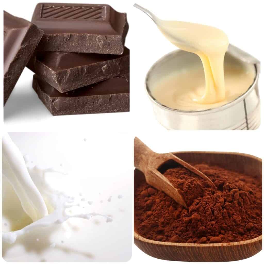 dark chocolate, condensed milk, cream, and dark cocoa powder