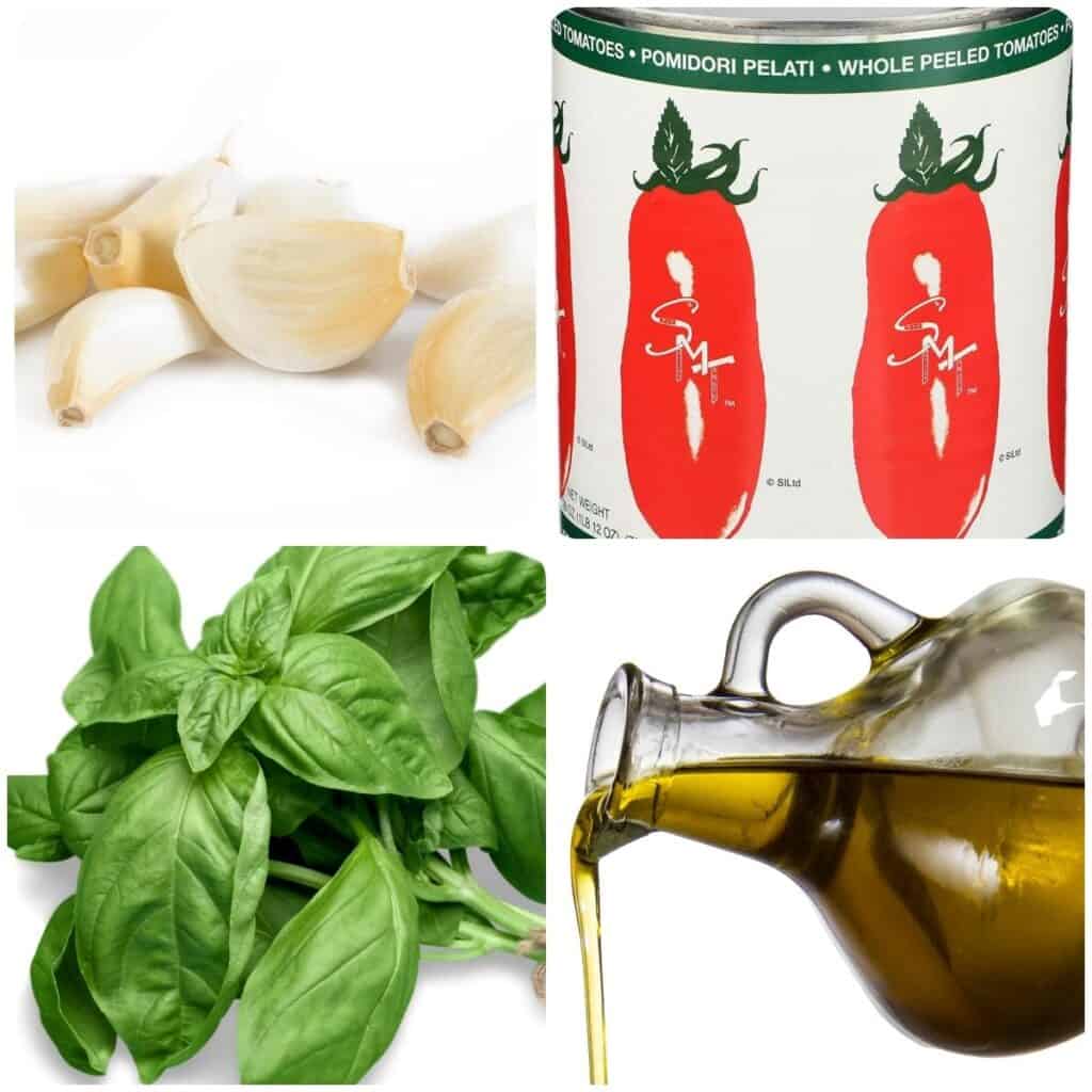 ten cloves of garlic, a can of San Marzano tomatoes, basil, and olive oil
