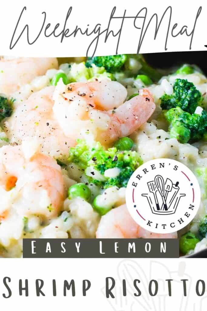 A dish of Easy Lemon Shrimp Risotto with peas and broccoli