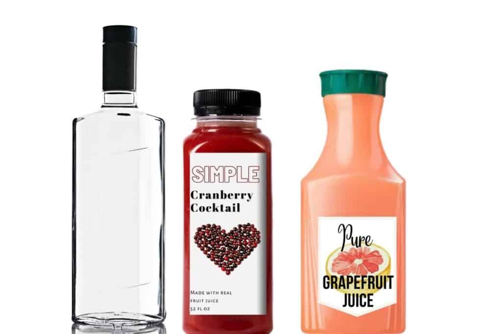 bottles of vodka, cranberry juice, and grapefruit juice