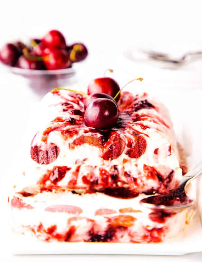 a cherry Semifreddo topped with fresh cherries