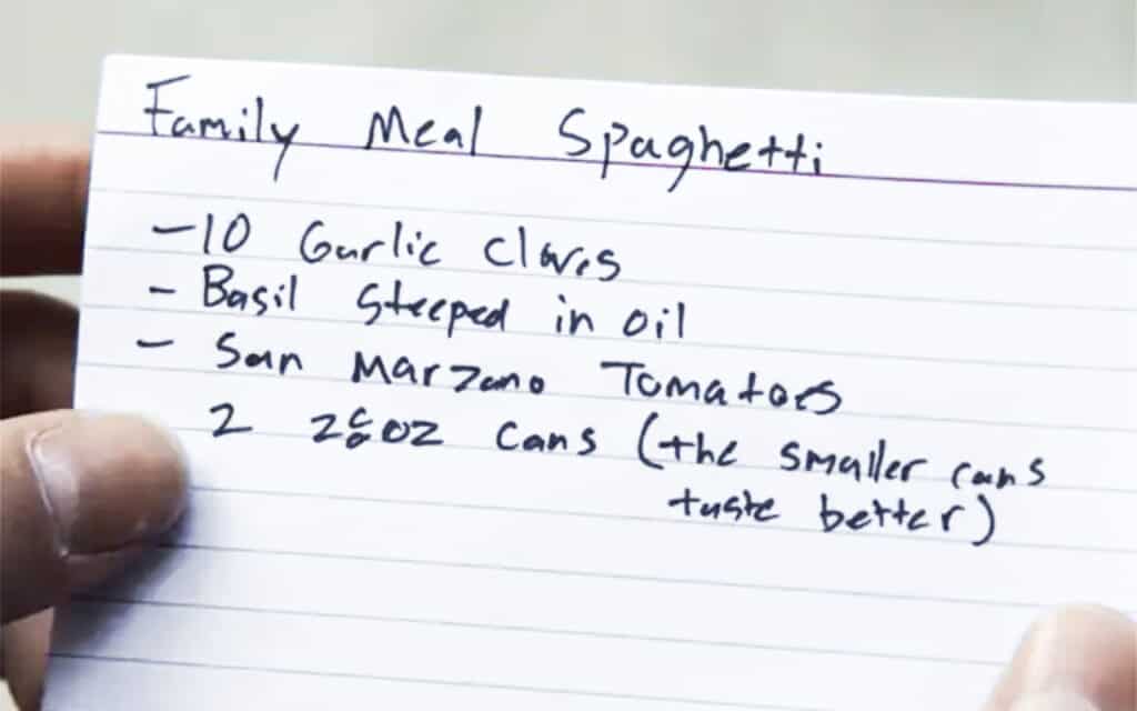 An index card with the ingredients for Family Meal Spaghetti from the TV show the bear