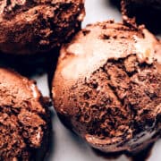 scoops of dark chocolate ice cream on a white plate