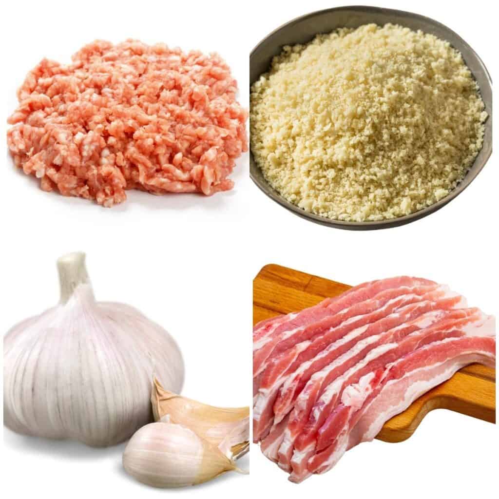 ground pork, bread crumbs, garlic, and bacon