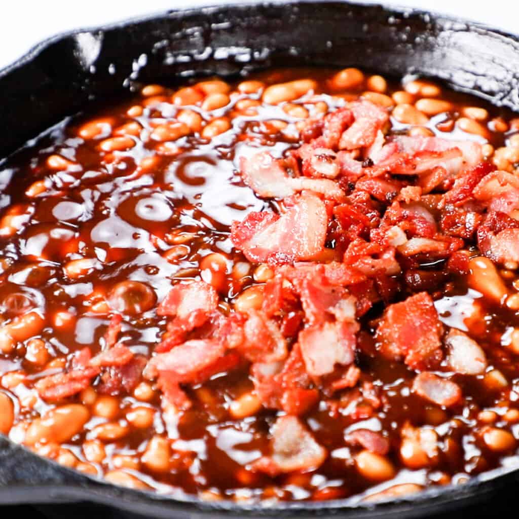 bacon added to the Homemade BBQ Baked Beans mixture
