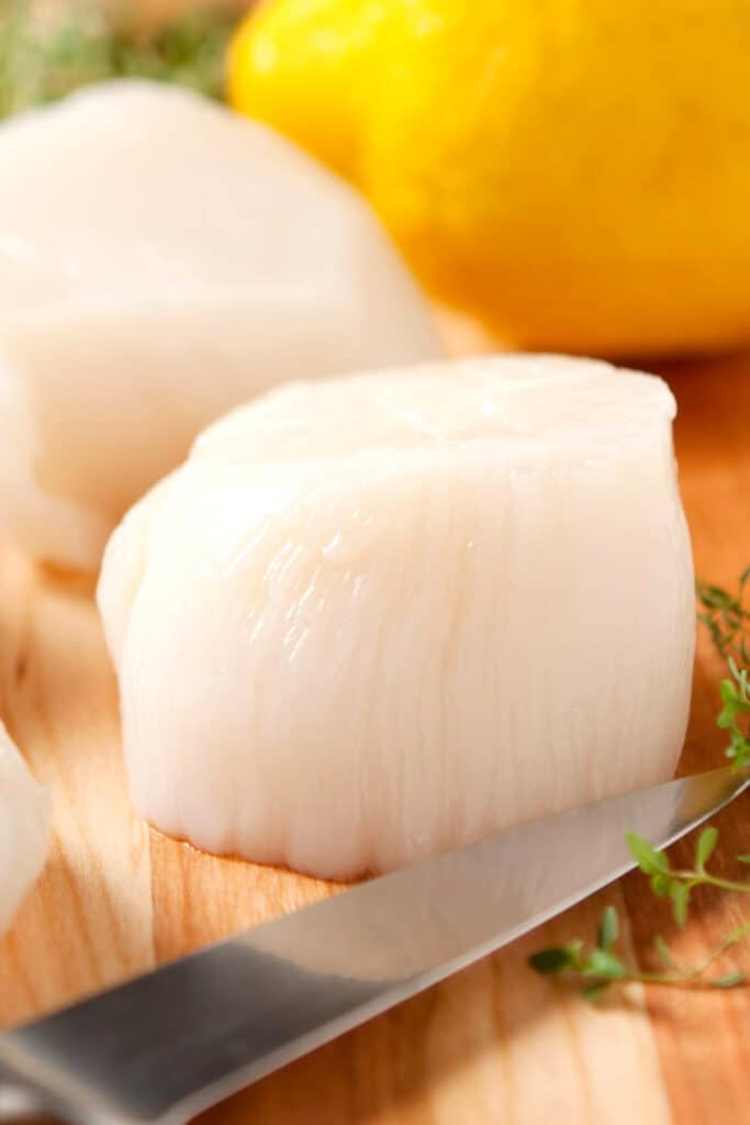 a scallop on a cutting board with a knife