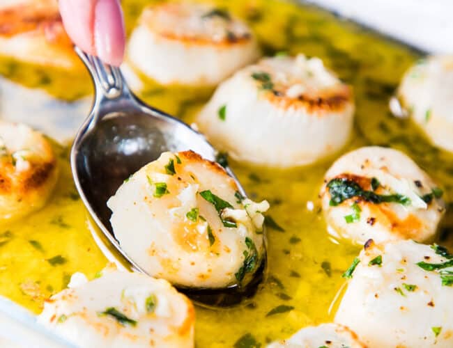broiled scallops in a garlic butter sauce being served with a spoon