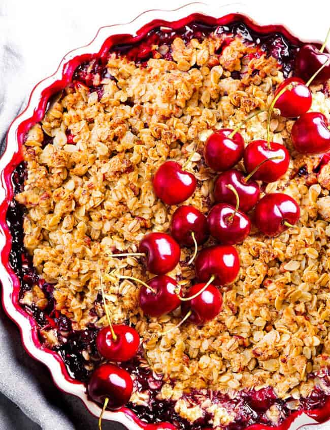 a Cherry Crumble topped with fresh cherries