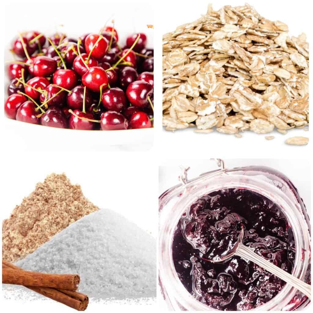 cerezas, avena, azúcar moreno y blanco, canela y mermelada de cereza
