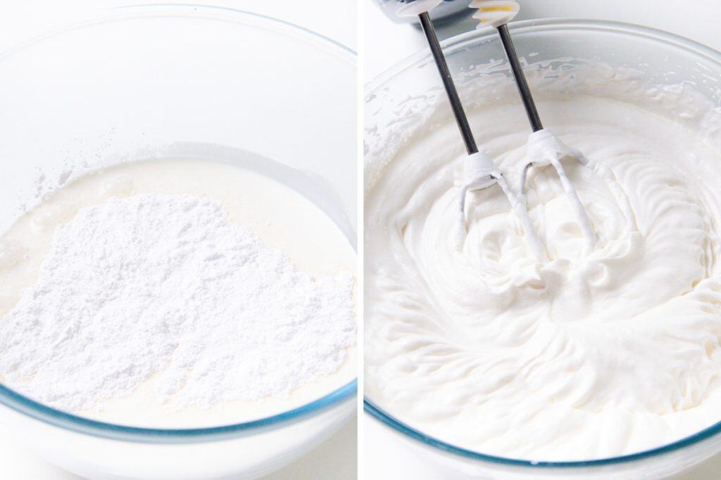 A glass bowl with cream and powdered sugar on the left; on the right, the mixture has been whipped with a mixer, forming fluffy whipped cream—perfect for topping your favorite peaches and cream desserts.