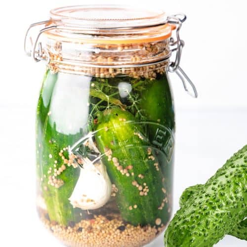 A glass jar of Half Sour Refrigerator Pickles filled with pickling cucumbers, dill, mustard seeds, and garlic sits next to two fresh cucumbers on a white background.