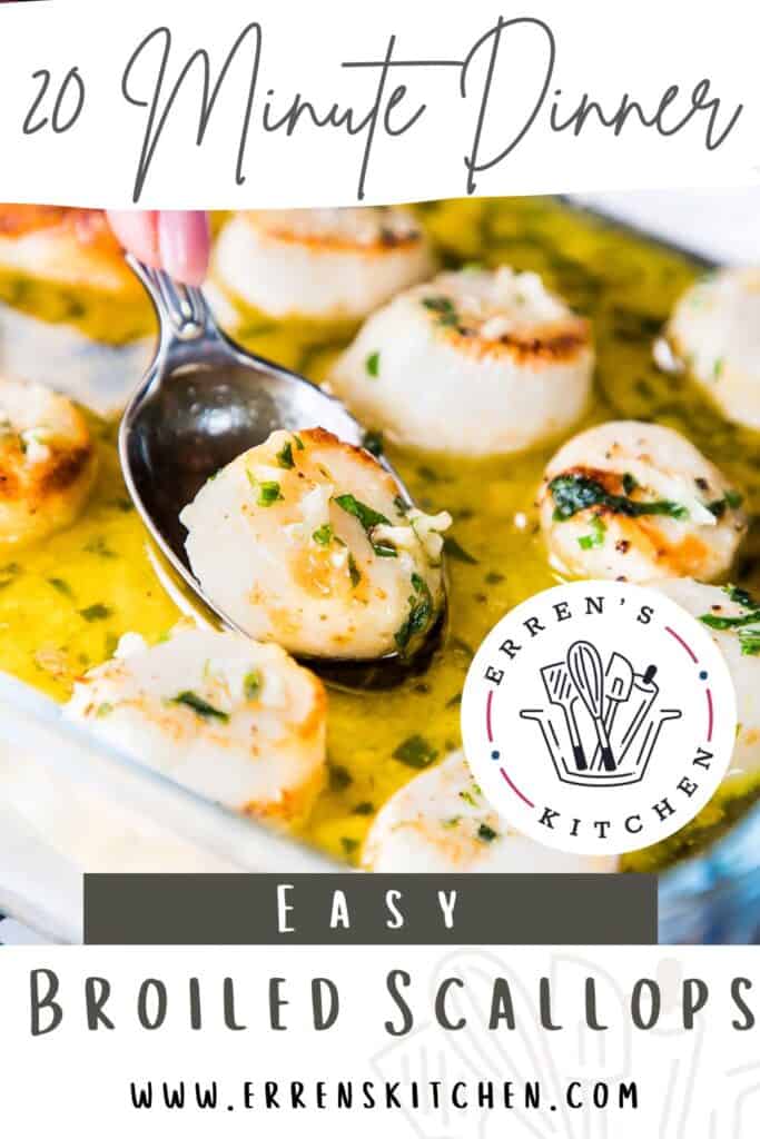 a pinterest pin with broiled scallops in a garlic butter sauce being served with a spoon