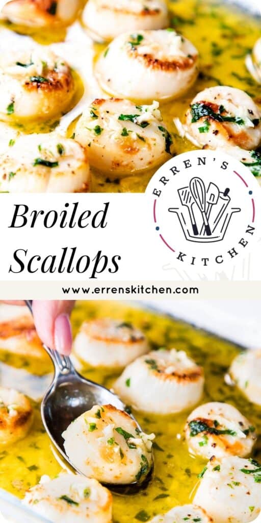 a pinterest pin showing a glass dish with broiled scallops with garlic butter