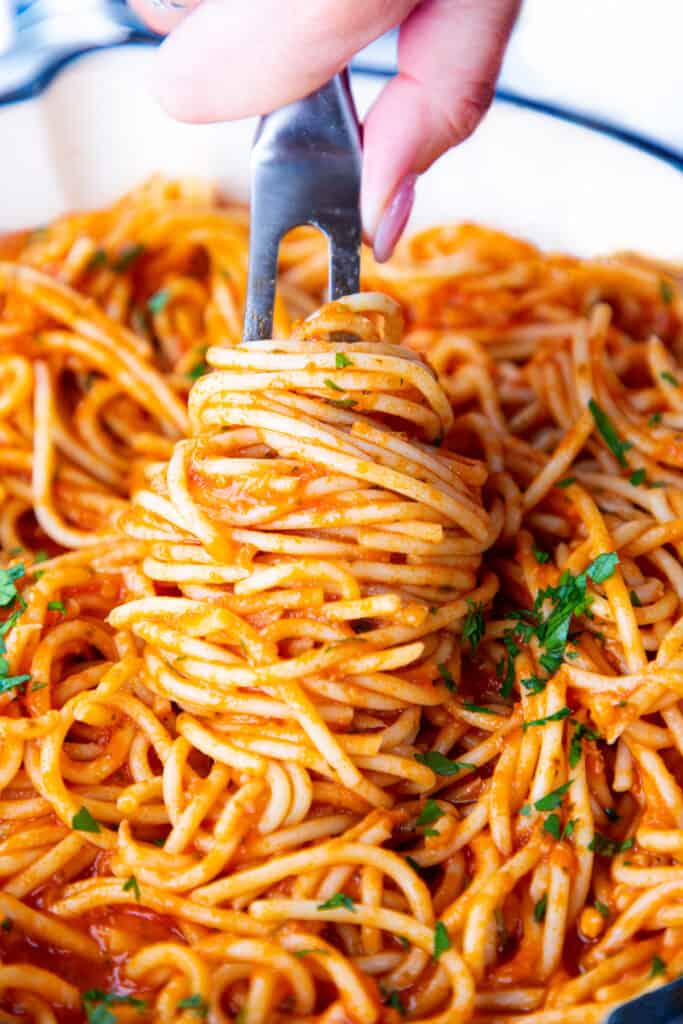 Family Meal Spaghetti (From The Bear) being served with a large fork