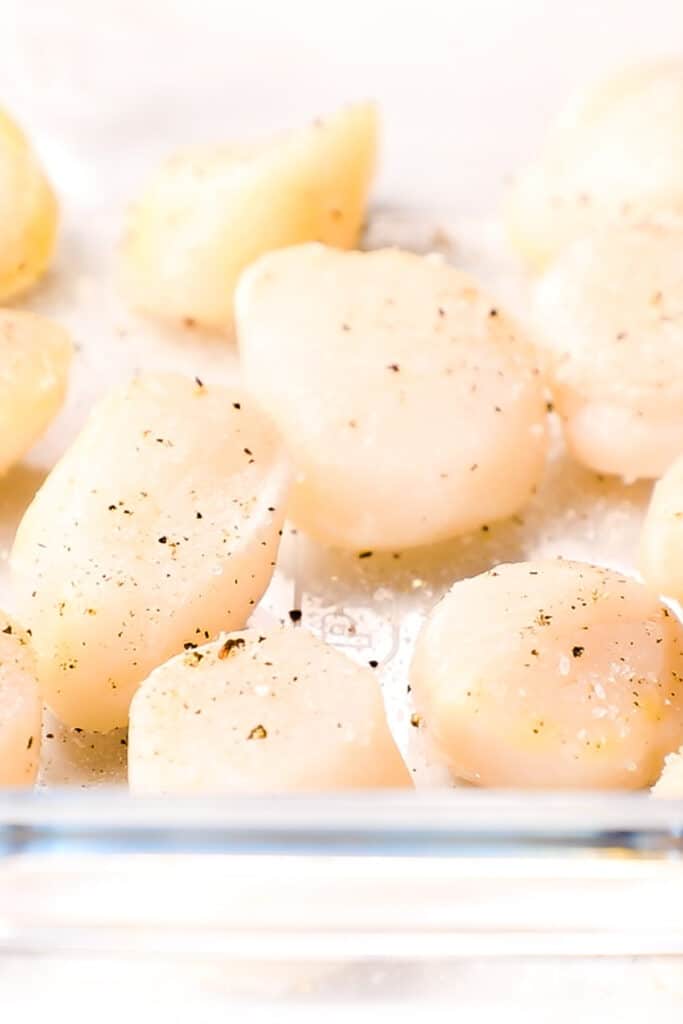 seasoned scallops in a pan