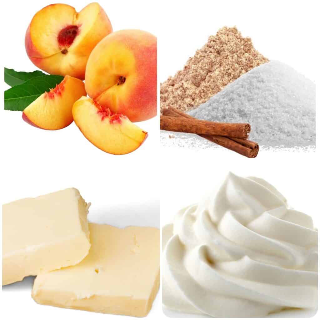 duraznos, azúcar morena, azúcar blanca, mantequilla, canela y crema batida