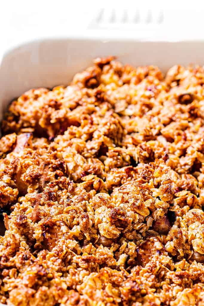 the baked Oatmeal Apple Crisp in a baking dish