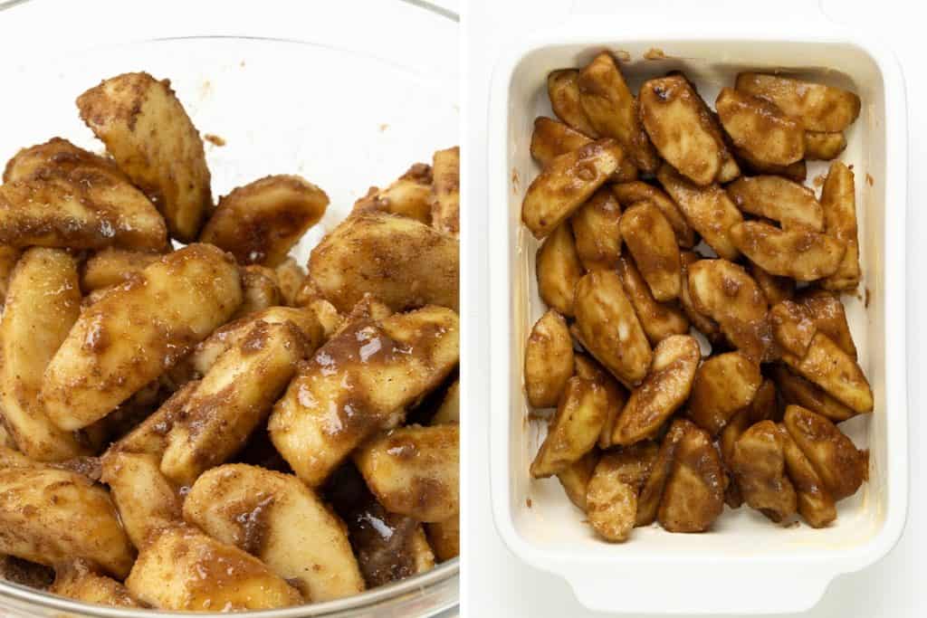 Left: Sliced apples coated in brown sugar and spices in a glass bowl. Right: The same apple mixture arranged in a white baking dish, ready to be baked for a delicious Oatmeal Apple Crisp.