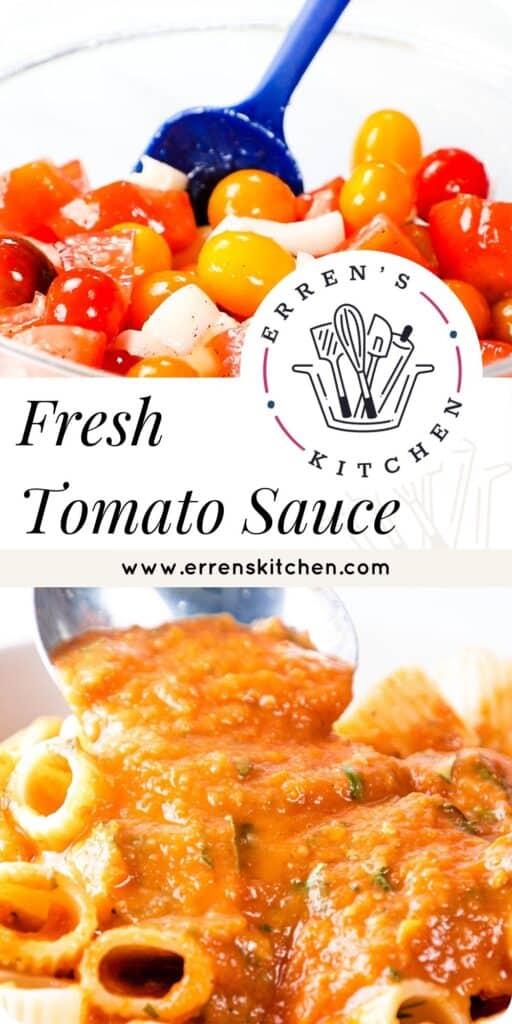 fresh tomatoes and a spoon serving the sauce