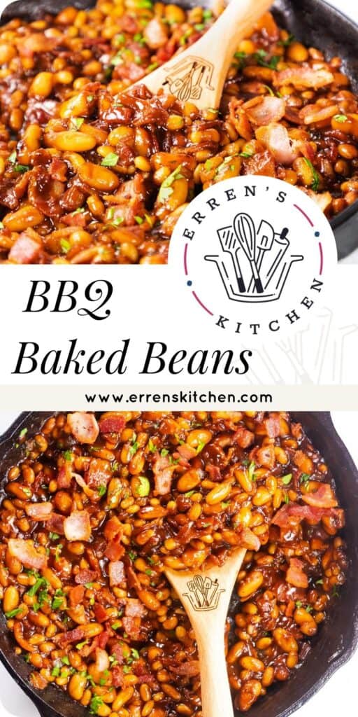 two photos of Homemade BBQ Baked Beans in a black pan