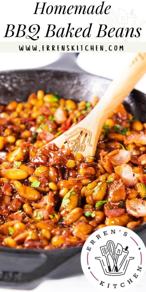 Homemade BBQ Baked Beans in a black pan with a spoon