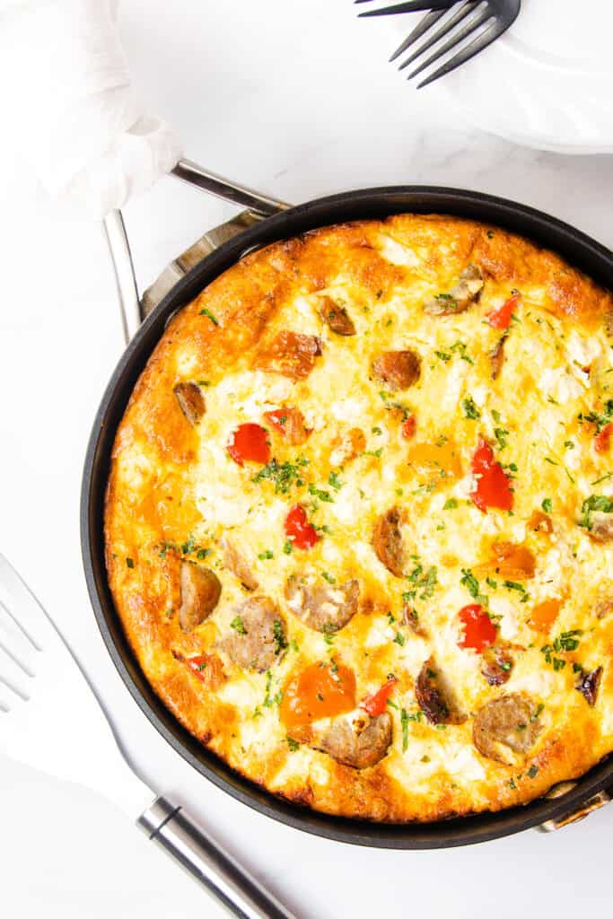 the cooked Sausage and Egg Frittata in the pan ready to serve