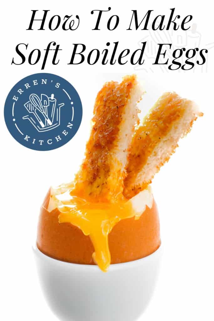 A promotional image showing Soft Boiled Eggs featuring a soft-boiled egg in an egg cup with the top removed and two pieces of toast inserted into the yolk. The egg yolk is running down the sides of the eggshell, and the toast is coated with yolk.