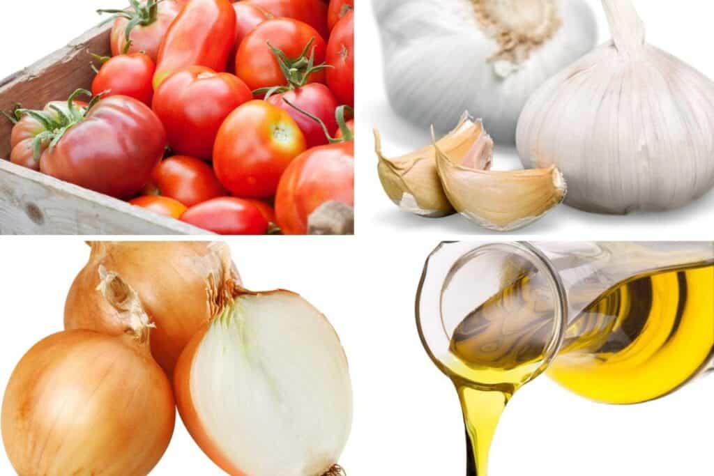 tomatoes, garlic, onions, and olive oil