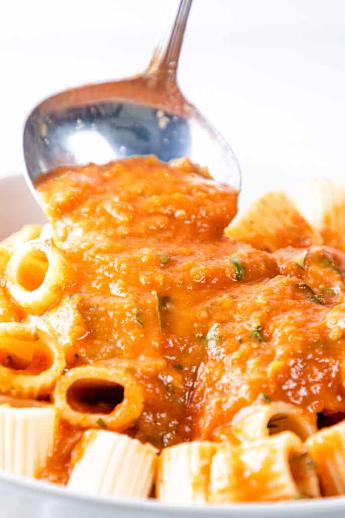 A spoon serving fresh tomato sauce over pasta