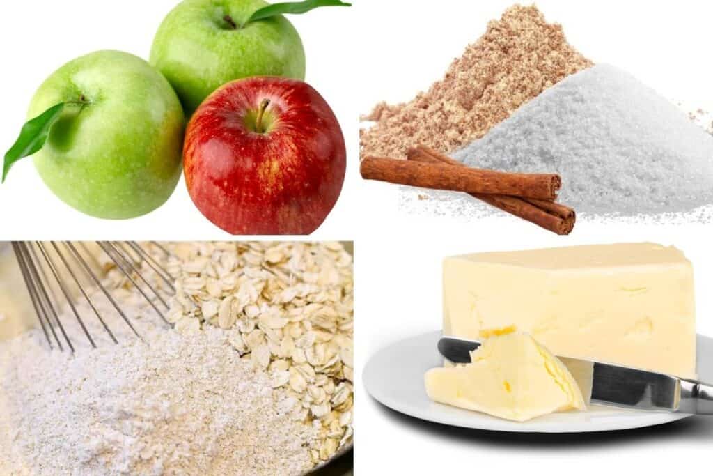 apples, sugar, cinnamon, flour, oats, and butter