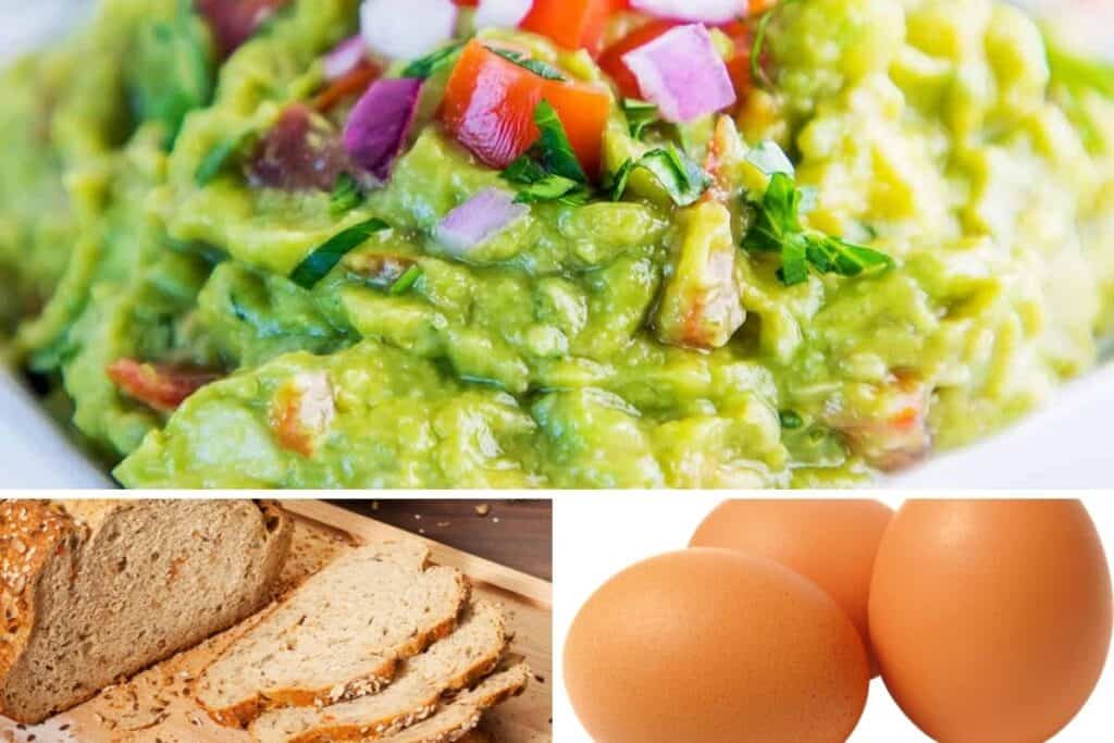 Guacamole, bread, and eggs