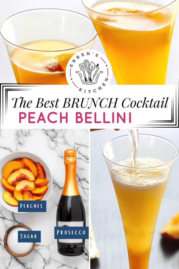 A champagne glass with a peach bellini in it, an image showing the ingredients, and a cheers with the glasses.