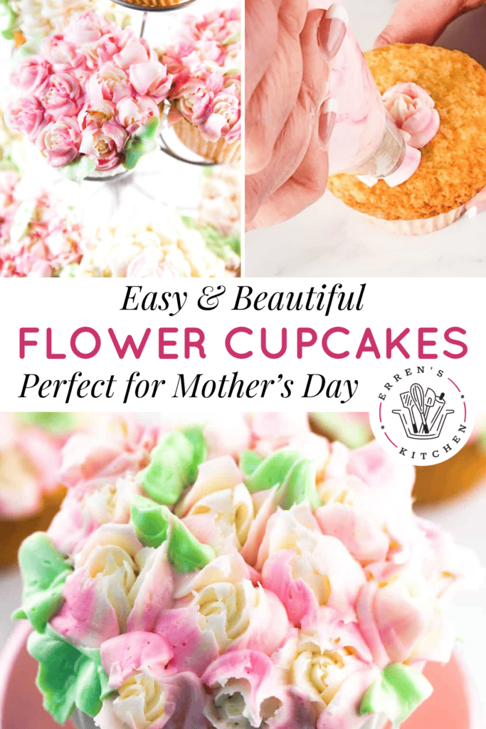 Beautiful vanilla cupcakes decorated like flowers.