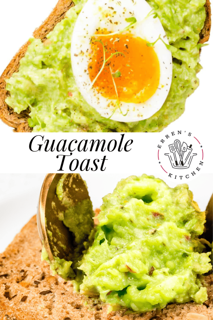 The top photos is a piece of bread toasted to perfection with a layer of homemade guacamole spread on top, and a soft boiled egg cut in half laying right in the center. The bottom photo is homemade guacamole being placed onto toast with a spoon.