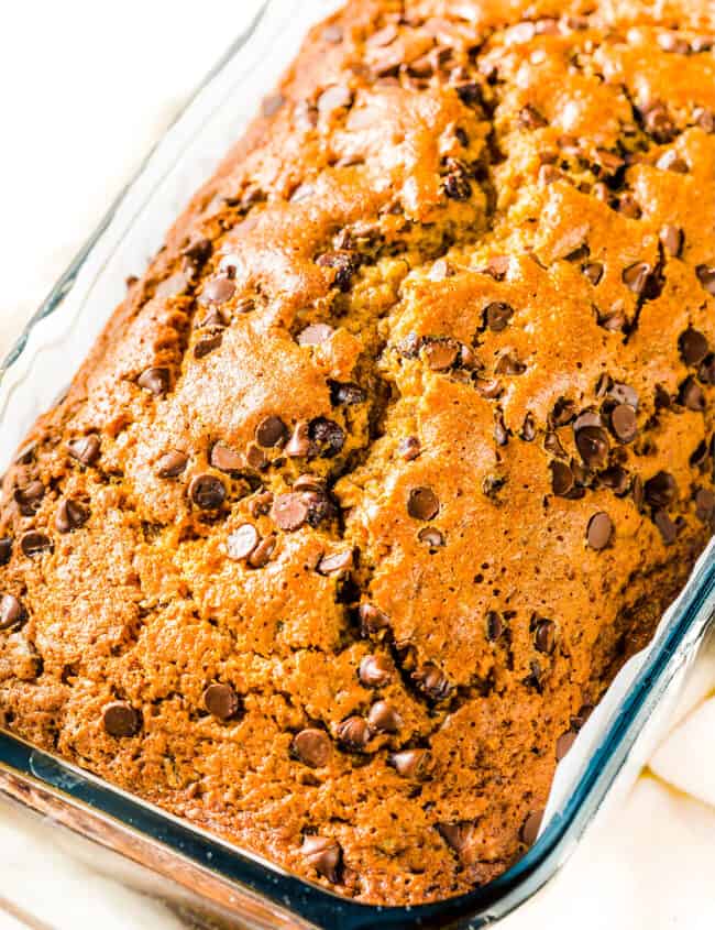 a close up loaf of Easy Pumpkin Bread with chocolate chips