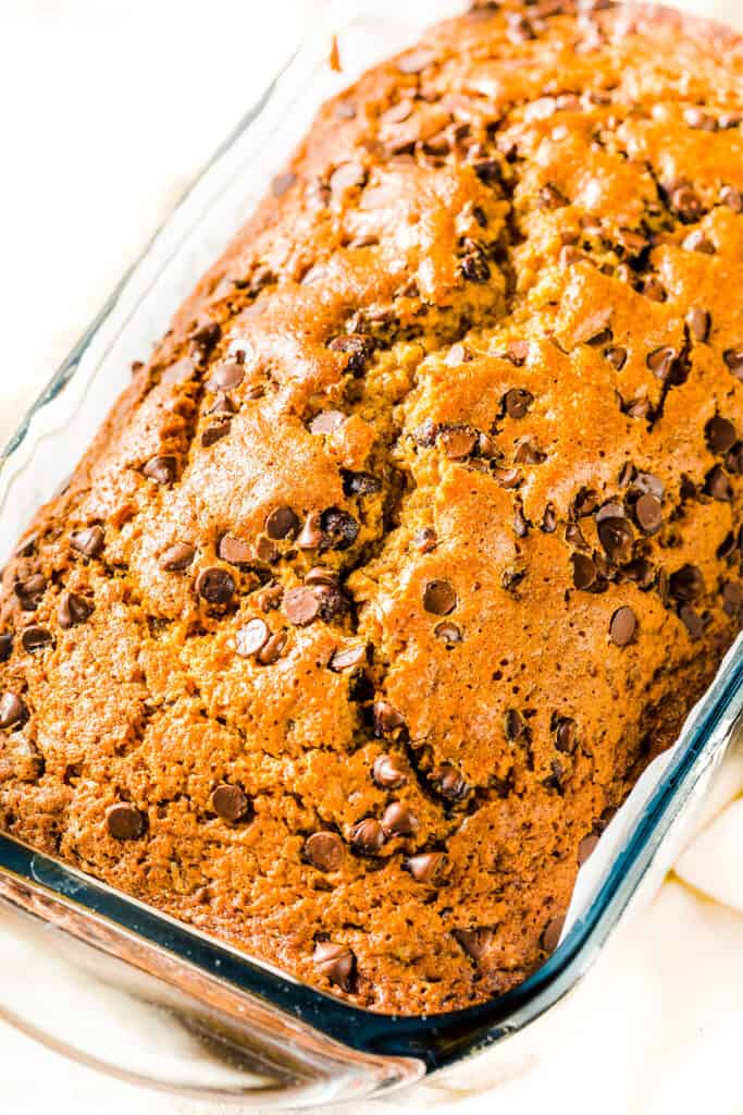 a close up loaf of Easy Pumpkin Bread with chocolate chips