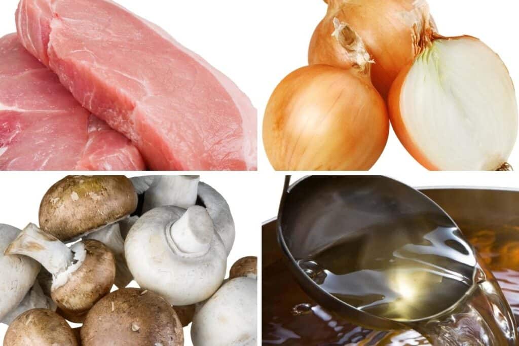 pork chops, onions, mushrooms, and stock
