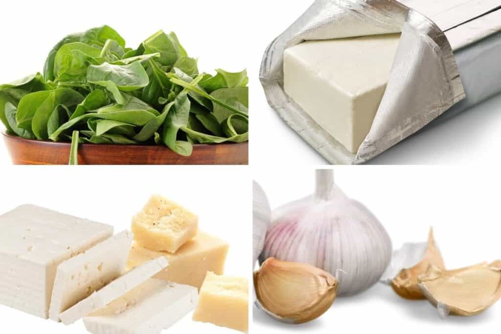 spinach, cream cheese, feta cheese, parmesan cheese, and garlic