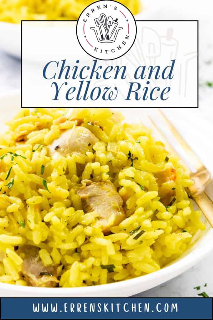 A plate of Chicken and Yellow Rice with tender chicken pieces, garnished with herbs, and served with a gold fork. The text reads "Chicken and Yellow Rice," featuring Erren's Kitchen and www.errenskitchen.com.