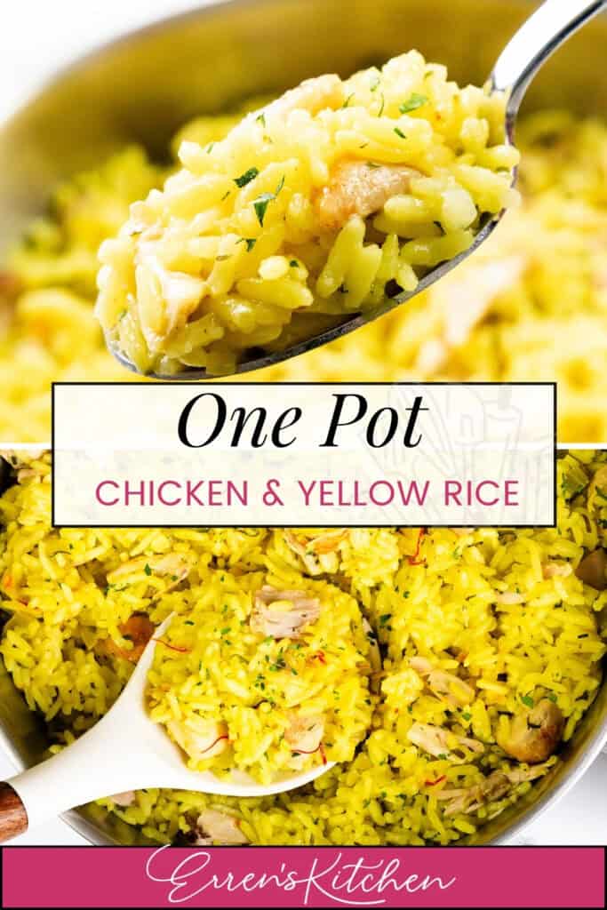 A close-up of a spoonful of Chicken and Yellow Rice held above a large pot filled with the same dish. Text overlay reads "One Pot Chicken & Yellow Rice" with "Erren's Kitchen" at the bottom.