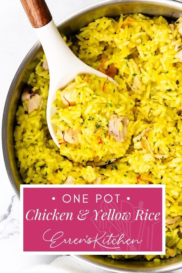 A pot of Chicken and Yellow Rice with tender chicken pieces is being stirred with a white spoon. Text overlay reads, “One Pot Chicken & Yellow Rice, Erren's Kitchen.”.