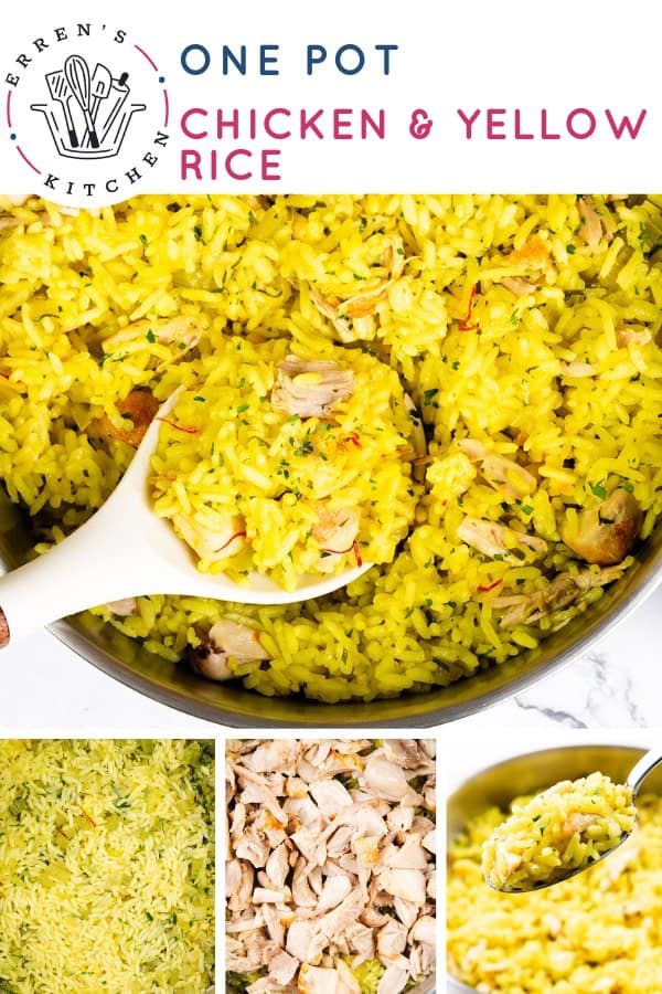 A pot filled with Chicken and Yellow Rice being served with a spoon. Below are close-up images of chopped chicken, a bowl of yellow rice, and a plate of Chicken and Yellow Rice. Text reads: "One Pot Chicken & Yellow Rice.