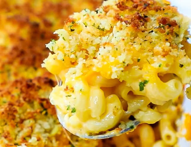 a spponful of Creamy Baked Mac & Cheese being served