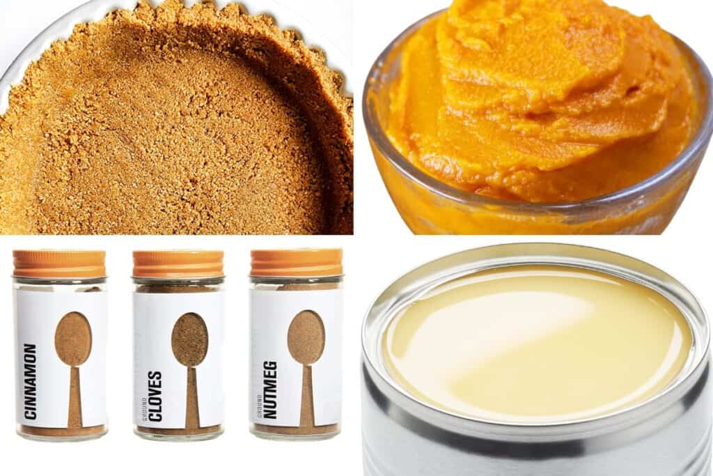 Graham Cracker Crust, pumpkin puree, spices, and condensed milk