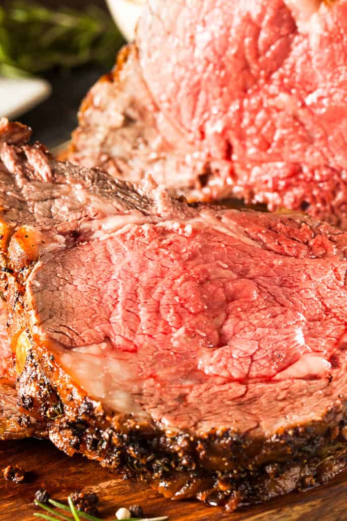 a close up image of a slice of ribeye roast beef