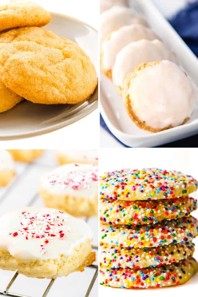 soft sugar cookies with four different decorations - sugar-coated, coated in sprinkles, iced with white glaze, and iced with crushed candy canes