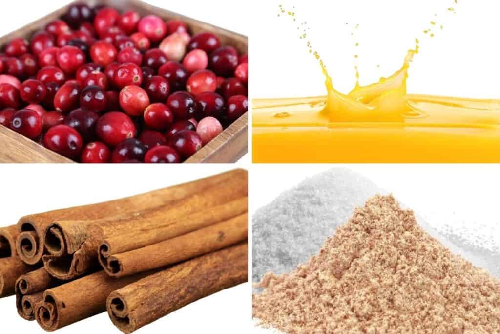 fresh cranberries, orange juice, cinnamon sticks, white sugar and brown sugar